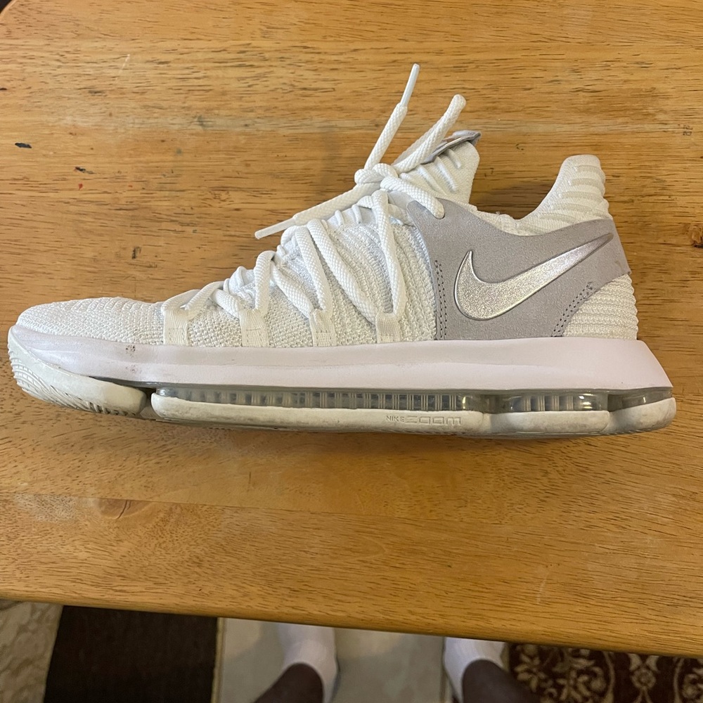 Nike KD 10 white and silver.